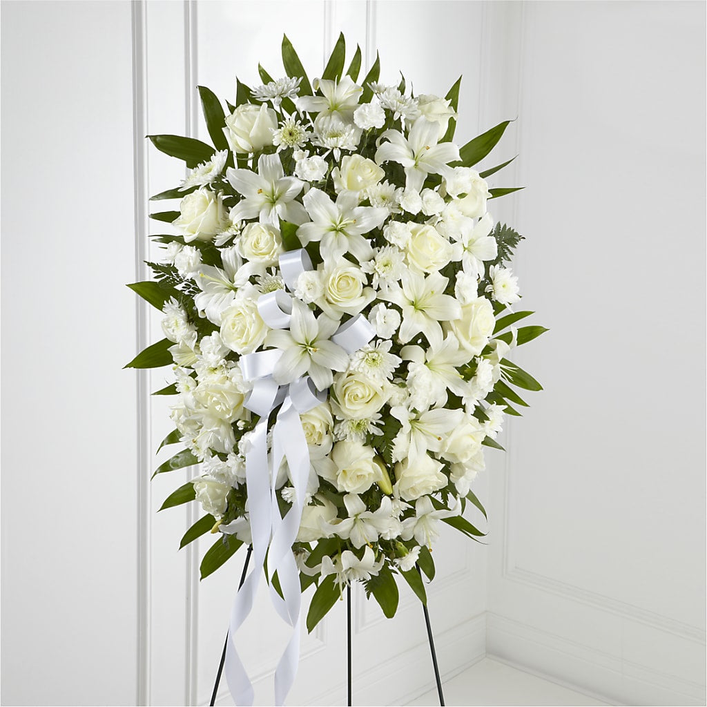 Exquisite Tribute Standing Spray-White Ribbon – VEEDERSBURG FLORIST & GIFTS, Veedersburg IN