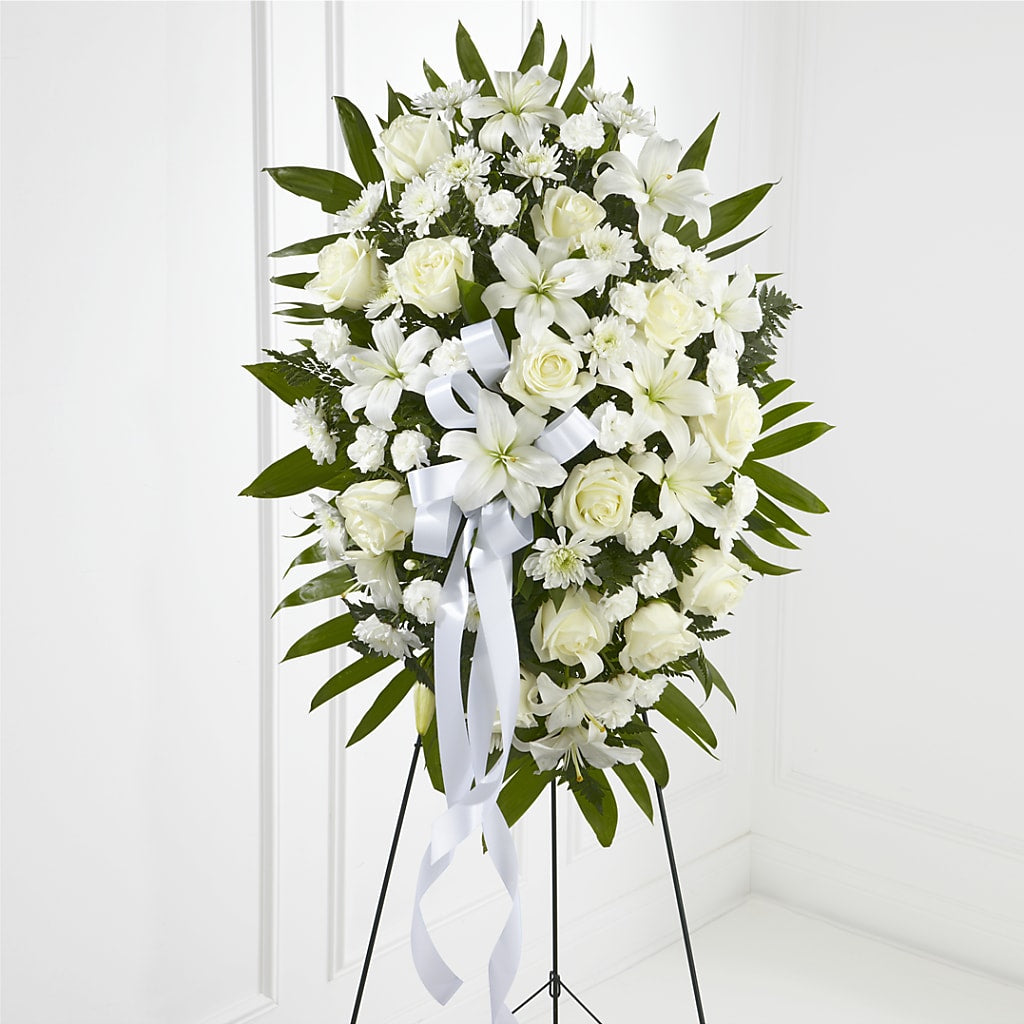 Exquisite Tribute Standing Spray-White Ribbon – VEEDERSBURG FLORIST & GIFTS, Veedersburg IN